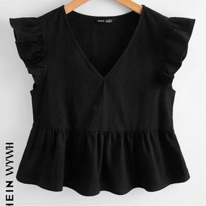 SHEIN WYWH WYWH  Women Vacation Peplum Butterfly Sleeve Ruffle Hem Black Top